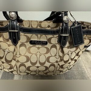 Coach Canvas Shoulder Bag in Khaki and Brown with Black Trim